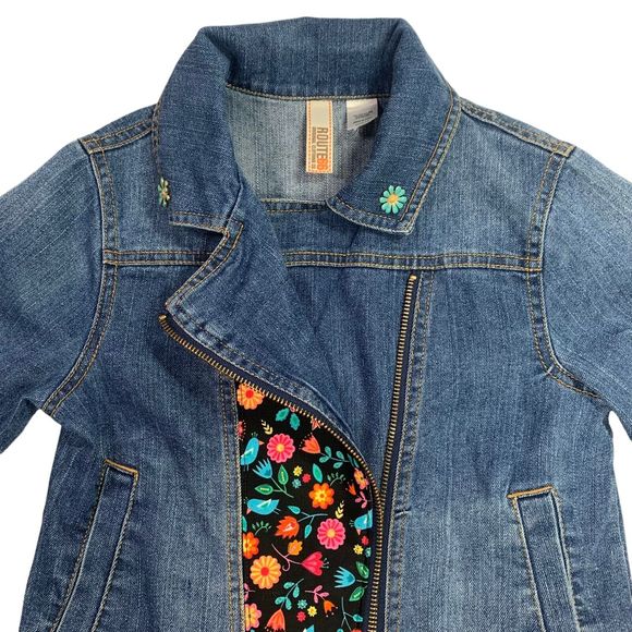 Route 66 Denim Jacket Jean Floral Blue Black Pink Ruffle Metallic Boho Large - Picture 8 of 16